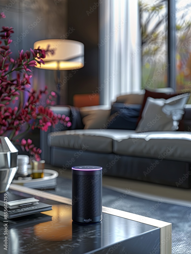 Leinwandbilder a stylish voice assistant device sits on a coffee table in a modern living room. the device is inter