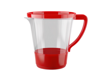 Clear plastic pitcher with a red handle and lid, ideal for serving cold beverages, water, juice, and more. Perfect for kitchen use.