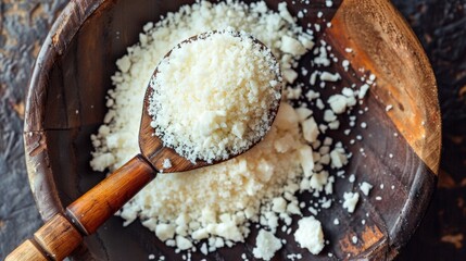 Shredded cheese in a wooden bowl with a wooden spoon on a dark background.