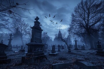 Fototapeta premium Bats fly above a cemetery at night, casting shadows on the gravestones and trees, A spooky graveyard at midnight, with bats flying overhead and mist swirling around