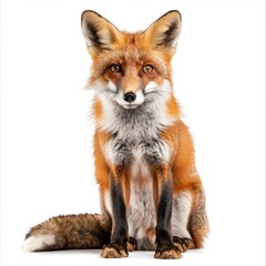 Fototapeta premium A red fox sitting attentively, isolated on a white background