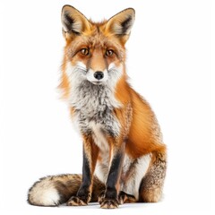 A red fox sitting attentively, isolated on a white background