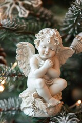 White angel figurine with wings holding flowers among Christmas tree branches
