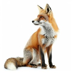 Fototapeta premium A red fox sitting attentively, isolated on a white background