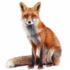 Fototapeta premium A red fox sitting attentively, isolated on a white background