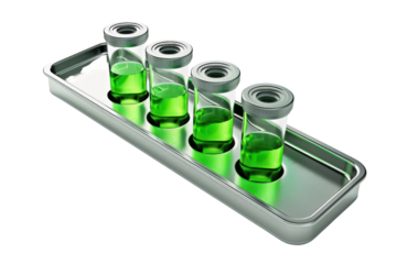 Four green liquid-filled test tubes in a plastic rack, representing scientific research and experimentation in a laboratory setting.