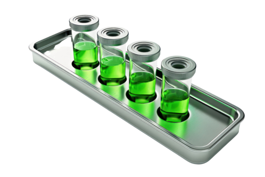 Four green liquid-filled test tubes in a plastic rack, representing scientific research and experimentation in a laboratory setting.
