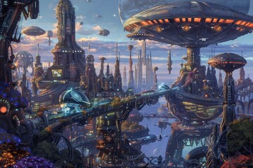 A futuristic cityscape with numerous towering skyscrapers and advanced architecture, A sprawling spaceport filled with alien species and hybrid creatures
