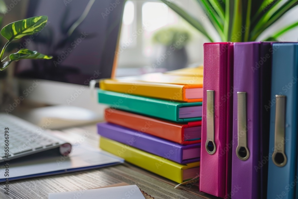 Poster a stack of colorful binders placed next to a laptop on a desk, a stack of colorful folders and binde