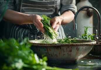 A woman is washing fresh herbs in water and adding them to an elegant, rustic bowl on the table. The kitchen has vintage decor elements, creating a warm atmosphere. Soft natural light illuminates her 