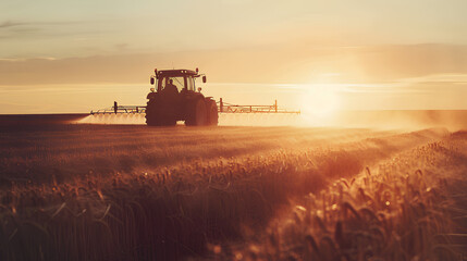 Naklejka premium irrigation tractor driving spraying or harvesting an agricultural crop at sunset with information infographic data datum as banner design for agriculture industry and food supply production concepts