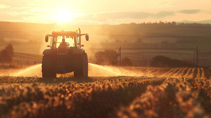 irrigation tractor driving spraying or harvesting an agricultural crop at sunset with information infographic data datum as banner design for agriculture industry and food supply production concepts
