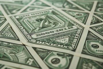 A pile of twenty dollar bills laid out neatly on top of each other, A stack of hundred dollar bills arranged in a geometric pattern