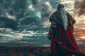 Nordic warrior in traditional Viking attire, with a dramatic sky in the background, nordic brave, warrior spirit.