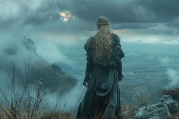Fototapeta premium Nordic lady in traditional Viking attire, with a dramatic sky in the background, nordic beauty, warrior spirit.