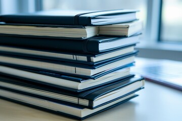 A neat stack of books arranged on a wooden table ready for reading or studying, A stack of pristine notebooks waiting to be filled