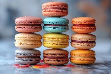 A colorful assortment of macarons stacked in a pyramid, with flavors like pistachio, raspberry, and lemon. 