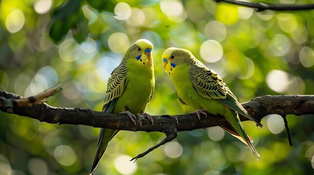 Pair of green and yellow parakeets 
