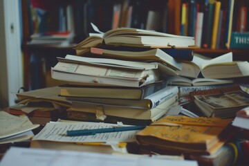 Assorted books and notebooks stacked on a table in a disorganized manner, A stack of textbooks and notebooks scattered haphazardly on a desk