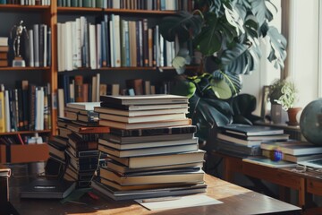 A neat stack of books placed on top of a wooden table, A stack of textbooks neatly arranged on a desk