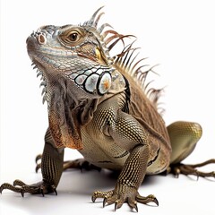 Obraz premium A close-up of an iguana isolated on a white background, showcasing its spiny back and textured skin