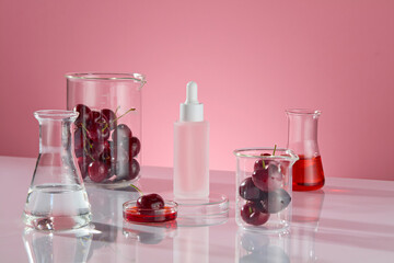 The pink background photo was taken from a diagonal angle. Beakers containing fresh cherry, transparent and red liquid erlenmeyer flask, all surround a blank cosmetic bottle in center, blank space