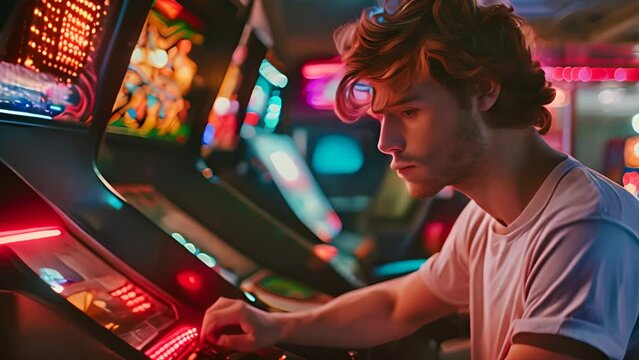 Young Man Playing Arcade Games with Ai generated.
