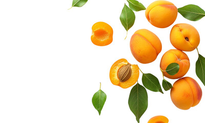 Fresh apricots with leaves on a white background, in the style of copy space concept. Ripe, juicy fruit close up, natural organic food.