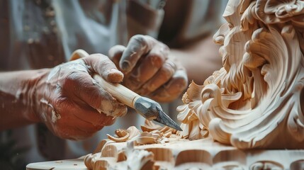 Closeup of wood carver hand making sculpture with chisel. 