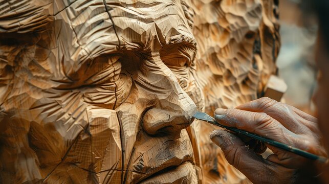 Closeup of wood carver hand making sculpture with chisel.