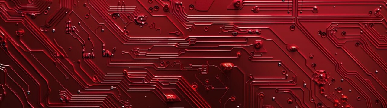 Electronic circuit board detailed close-up, red computer motherboard. AI ML technology hardware minimalist concept background banner