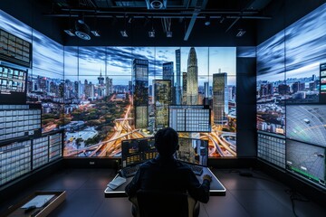 Man Monitoring Multiple Monitors at Desk, A state-of-the-art control center, orchestrating traffic flow, energy usage, and emergency response in a metropolis