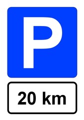 Illustration eines blauen Parkplatzschildes mit der Beschriftung "20 km"	