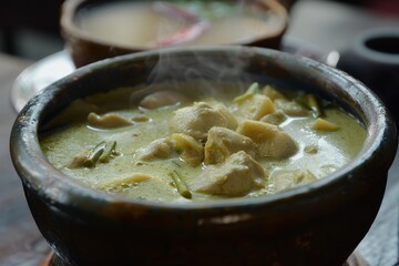 Detailed view of a steaming bowl of creamy green curry on a wooden table, A steaming bowl of creamy green curry filled with tender chunks of chicken and bamboo shoots