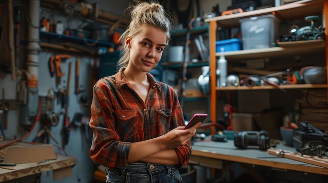 Portrait of a young handywoman standing relaxed with phone in the well equipped workshop or garage. 