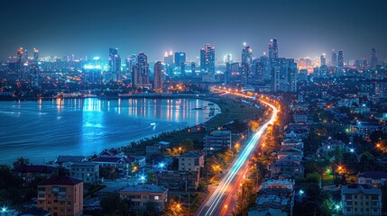 Nighttime Cityscape with a River and Light Trails