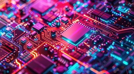 Obraz premium Electronic circuit board detailed close-up, purple gold shiny computer motherboard. AI ML technology hardware minimalist concept background banner