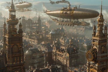 Fototapeta premium A sprawling cityscape filled with towering buildings and intricate architecture, A steampunk cityscape with intricate clockwork machinery and steam-powered airships
