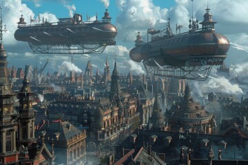 Fototapeta premium A sprawling urban landscape filled with towering skyscrapers and bustling city life, A steampunk cityscape with intricate clockwork machinery and steam-powered airships