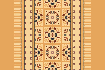 Seamless pattern in patchwork style. Embroidered print for carpet, textile, wallpaper, wrapping paper. Ethnic and tribal motifs. Handwork. Vector illustration.