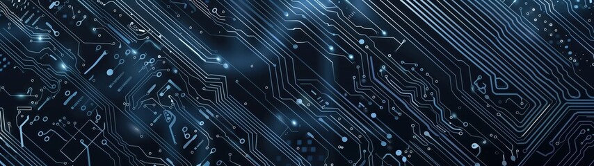 Obraz premium Electronic circuit board detailed close-up, dark blue silver computer motherboard. AI ML technology hardware minimalist concept background banner