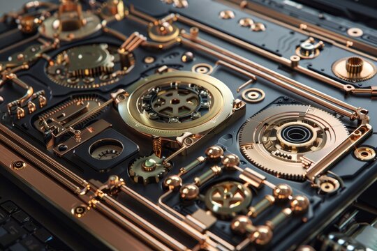 Detailed shot of intricate clock gears and hands in a steampunk-inspired design with brass accents, A steampunk-inspired laptop design with brass accents and mechanical details