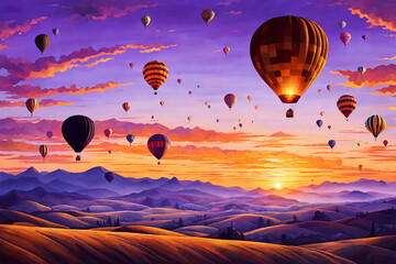 Naklejka premium Fantasy hot air balloons at sunset in the sky design. 