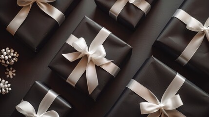 Christmas gifts wrapped in black paper with a white silk ribbon on a black background with decors. New Year Christmas. Place for text. Copy space
