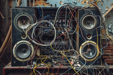 Multiple wires jumbled on top of a speaker system, some disconnected, A stereo system with jumbled wires and disconnected speakers