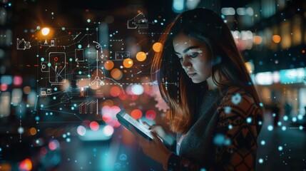 Woman Using a Smartphone with a Digital Interface Overlay suitable for business background, posters, wallpapers, banners, greeting cards, and advertising for business entities or brands.