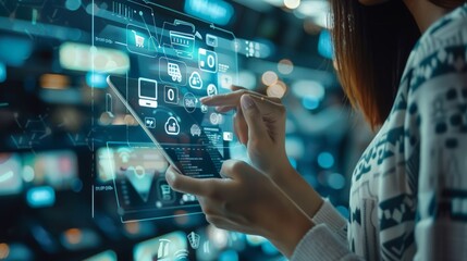 Woman Using Tablet with Digital Interface Overlay