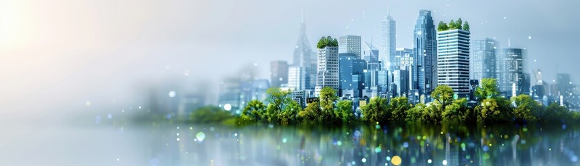 Fototapeta premium Futuristic city skyline with modern skyscrapers and green spaces reflected on calm water, showcasing urban nature integration.