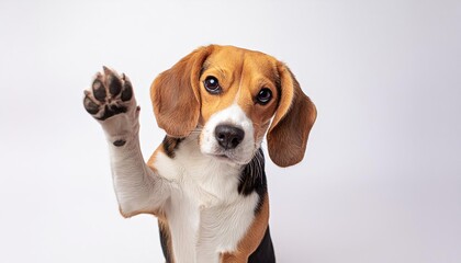  A cute little dog with brown, white, and black fur is wagging its tail and looking up at the camera. beagle raising one paw to give high five islolated on a white background