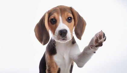  A cute little dog with brown, white, and black fur is wagging its tail and looking up at the camera. beagle raising one paw to give high five islolated on a white background